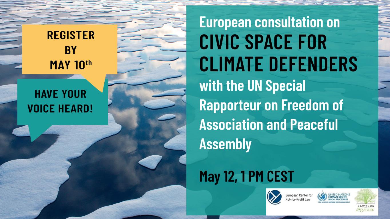 text reading "European consultation on civic space for climate defenders"  with date and registartion deadline on a background showing melting snow