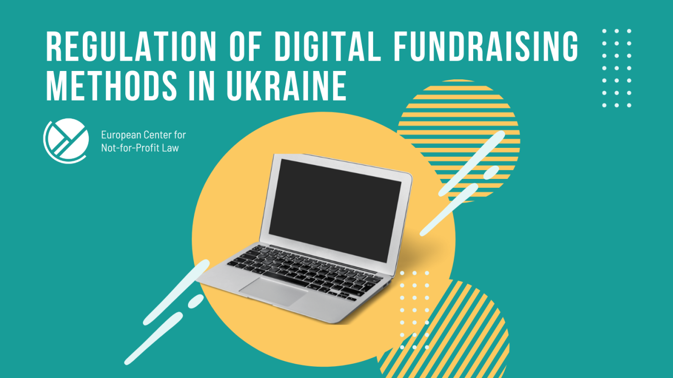 Title of paper on a banner: Regulation of digital fundraising methods in Ukraine. Green background with an open laptop and geometric elements of circles, dots and stripes.