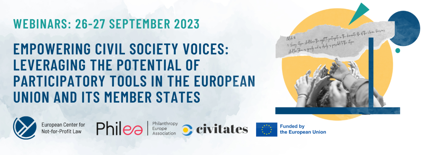 Webinars, 26-27 of September, 2023. Empowering civil society voices: leveraging the potential of participatory tools in the EU and its member states. On the right side a design of many hand holding a piece of paper on which article 10/3 is written: 3. Every citizen shall have the right to participate in the democratic life of the Union. Decisions shall be taken as openly and as closely as possible to the citizen.