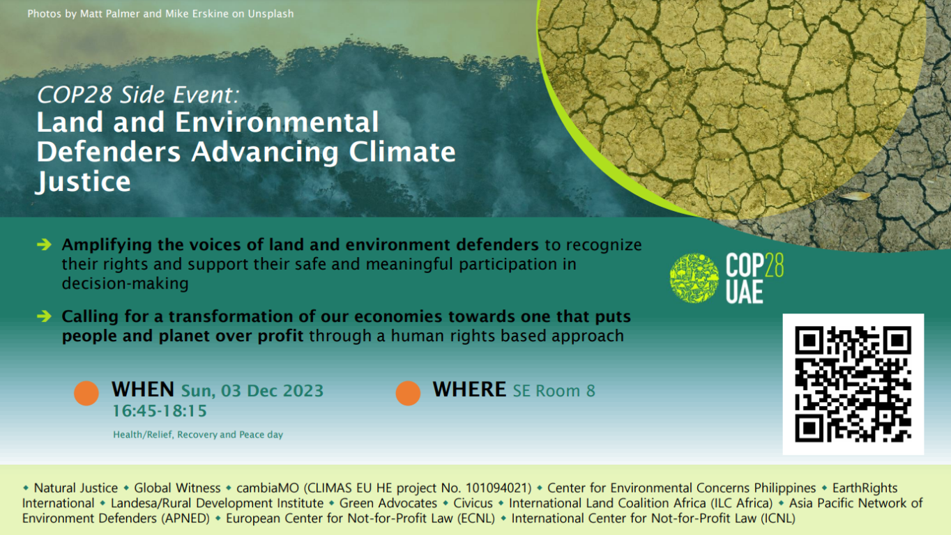 A promotional flyer for the COP28 Side Event: Land and Environmental Defenders: Advancing Climate Justice