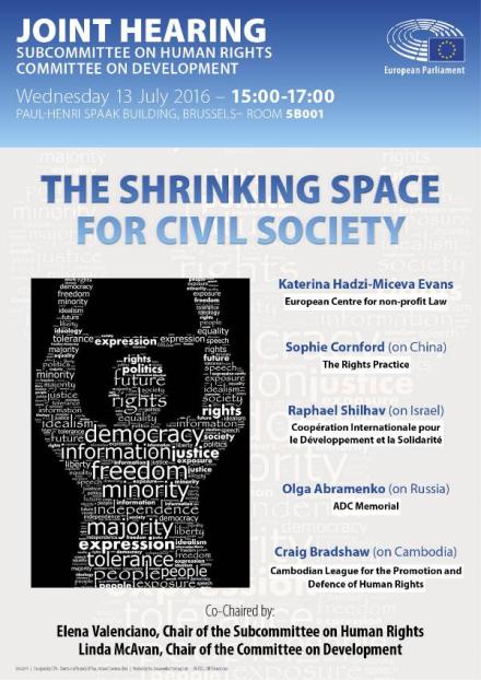 The shrinking space for civil society. Joint Hearing (European Parliament) Poster