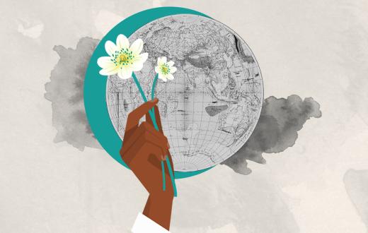 A woman of colour's hand holding 2 flowers that are white. In the background there's a black and white drawn globe with a turqoise shadow. The background is with watercolour (grey on leight beige backgrond). 
