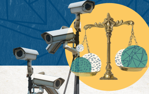 Banner with blue and white background, there are two security camera in the middle/towards the left with a big yellow circle on the right with a justice scale. 