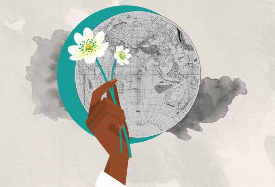 A woman of colour's hand holding 2 flowers that are white. In the background there's a black and white drawn globe with a turqoise shadow. The background is with watercolour (grey on leight beige backgrond). 