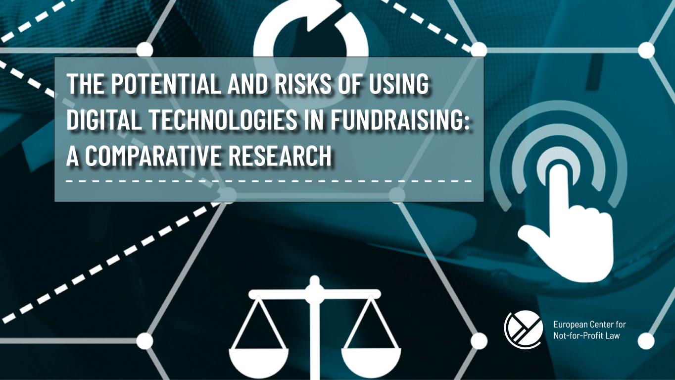 cover page of the paper with title "The potential and risks of using digital technologies in fundraising: a comparative research"  with an illustration of digital networks, hovering cursor and justice scale