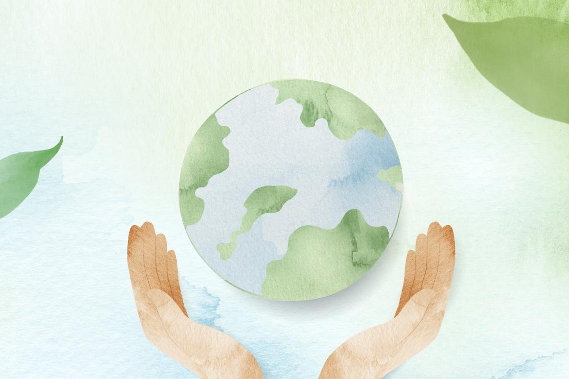 Watercolor background with hands protecting the world 