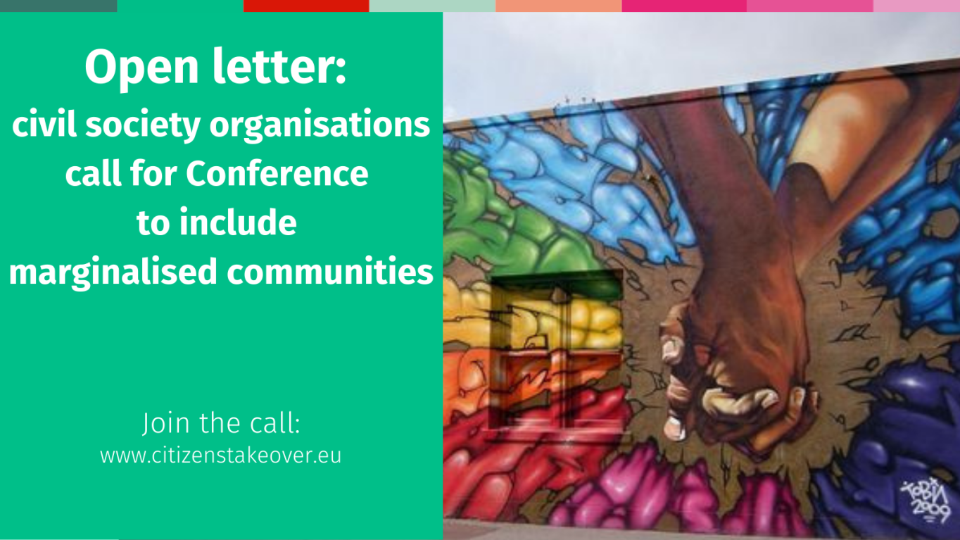 colourful mural of holding hands next to the text "open letter: CSOs call for Conference to include marginalised communities"