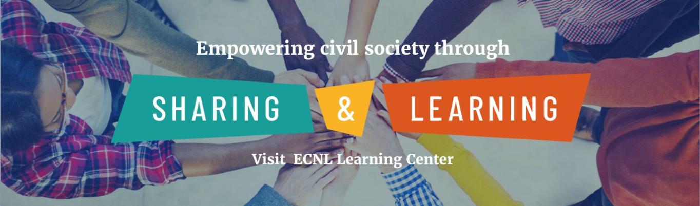 ECNL learning center website banner with people in colourful clothes standing in circle and putting hands together