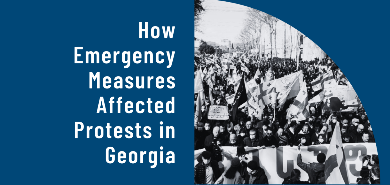 Black and white picture of protesters and title of briefer: How emergency measures affected protests in Georgia.