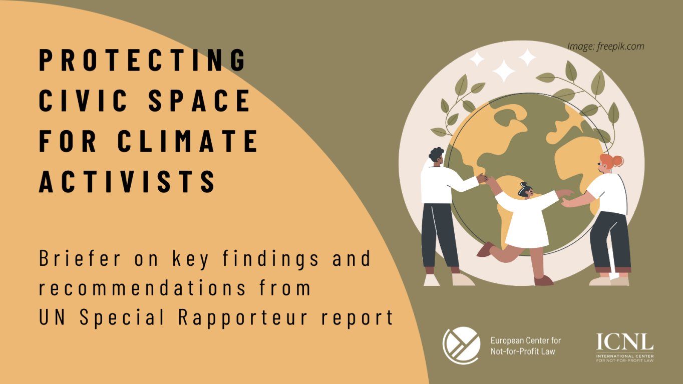 title of briefer: Protecting civic space for climate activists. Graphic of people embracing the globe and leaves. 