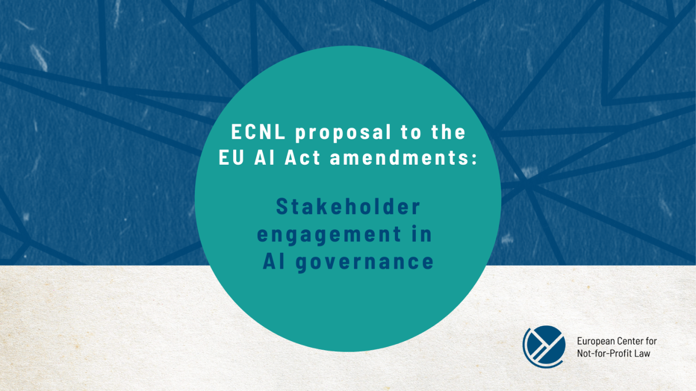 big circle on network background with the text: "ECNL proposals to the EU AI Act amendments: Stakeholder engegement in AI governance"