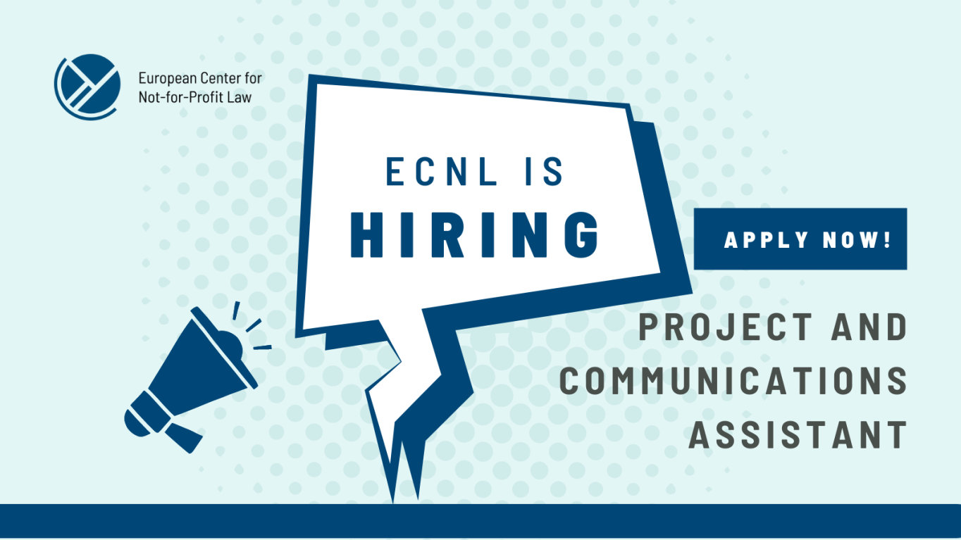 megaphone and text bublle with text: ECNL is hiring! Apply now! Project and Communications Assistant