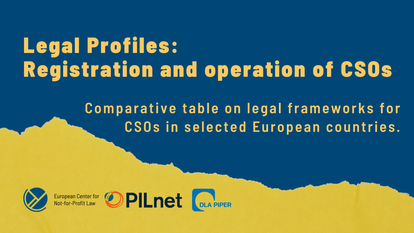 Ukrainian flag with the text "Legal Profiles: Registration and operation of CSOs, comparative table on lega; frameworks for CSOs in selected European countries"