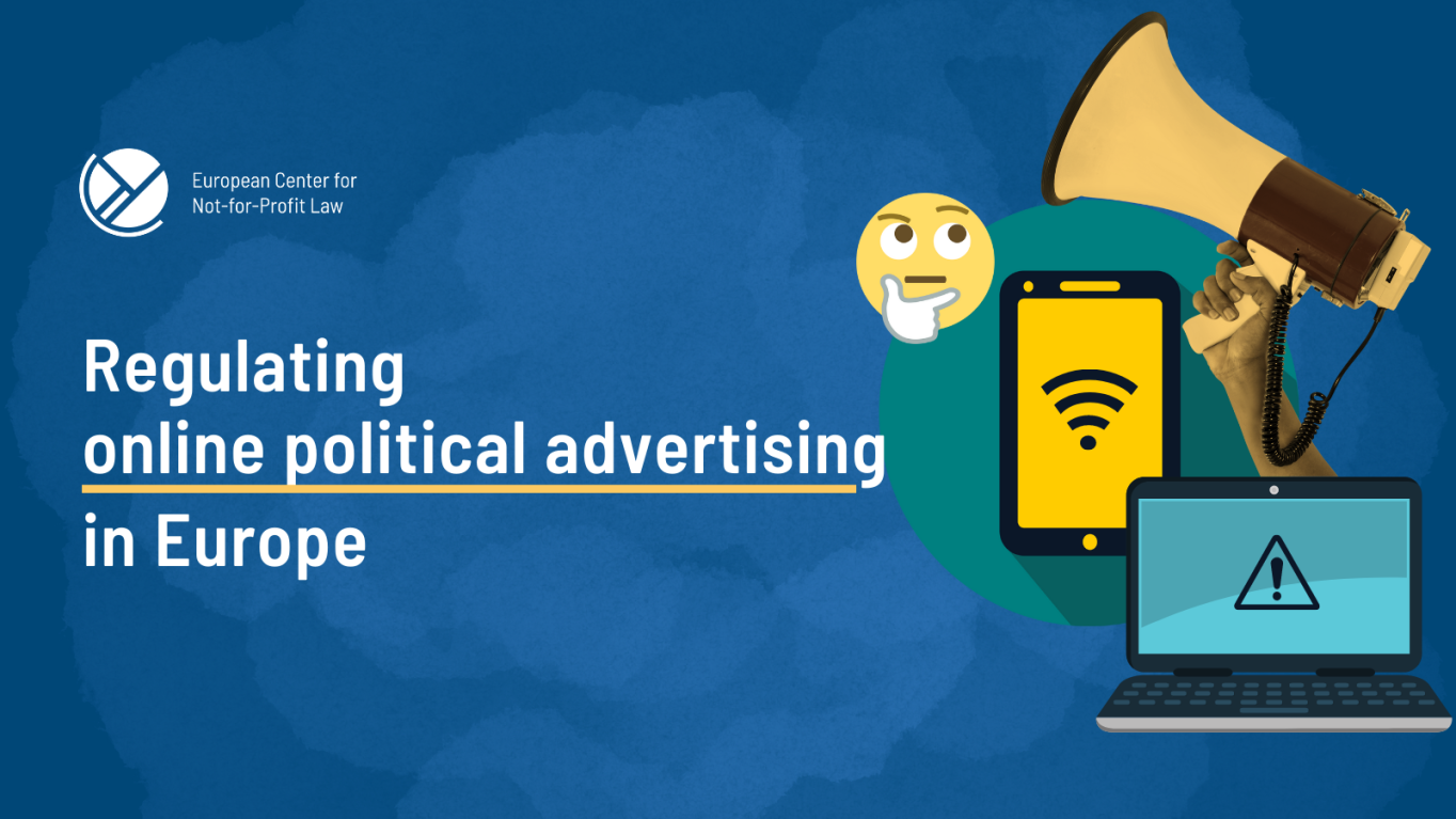 Image reads regulating online political advertising in Europe with images of megaphone, computer, phone and emoji