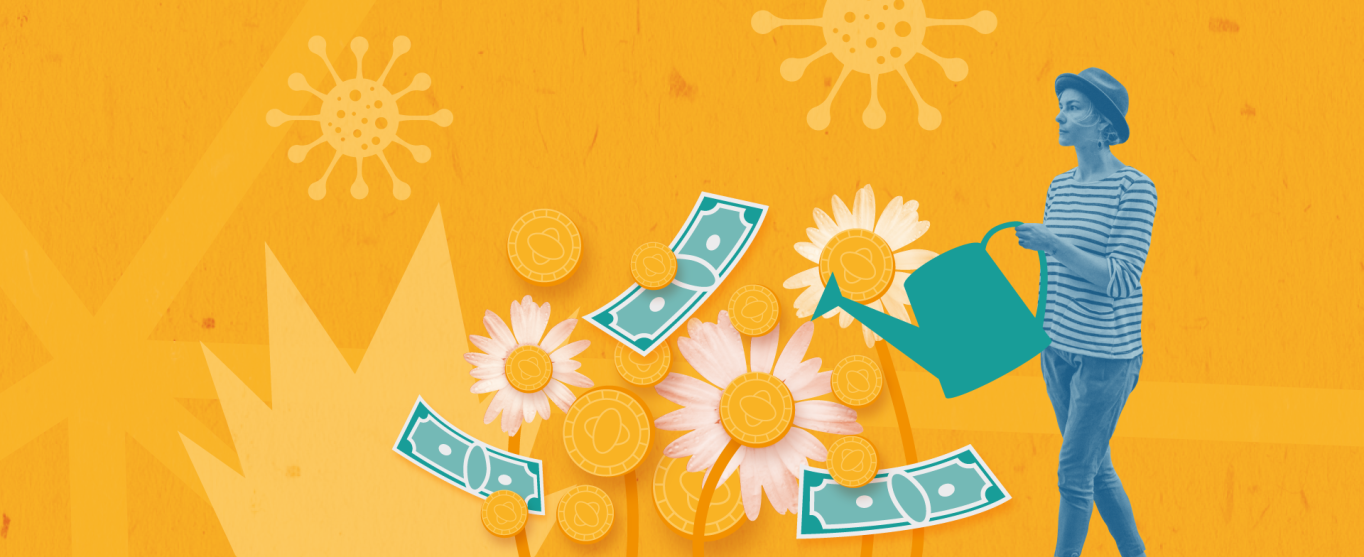 Orange background with 2 virus patches, some fire symbol, but there are are some flowers and coins, bills in the foreground that are present due to a woman watering from a green watering can. 