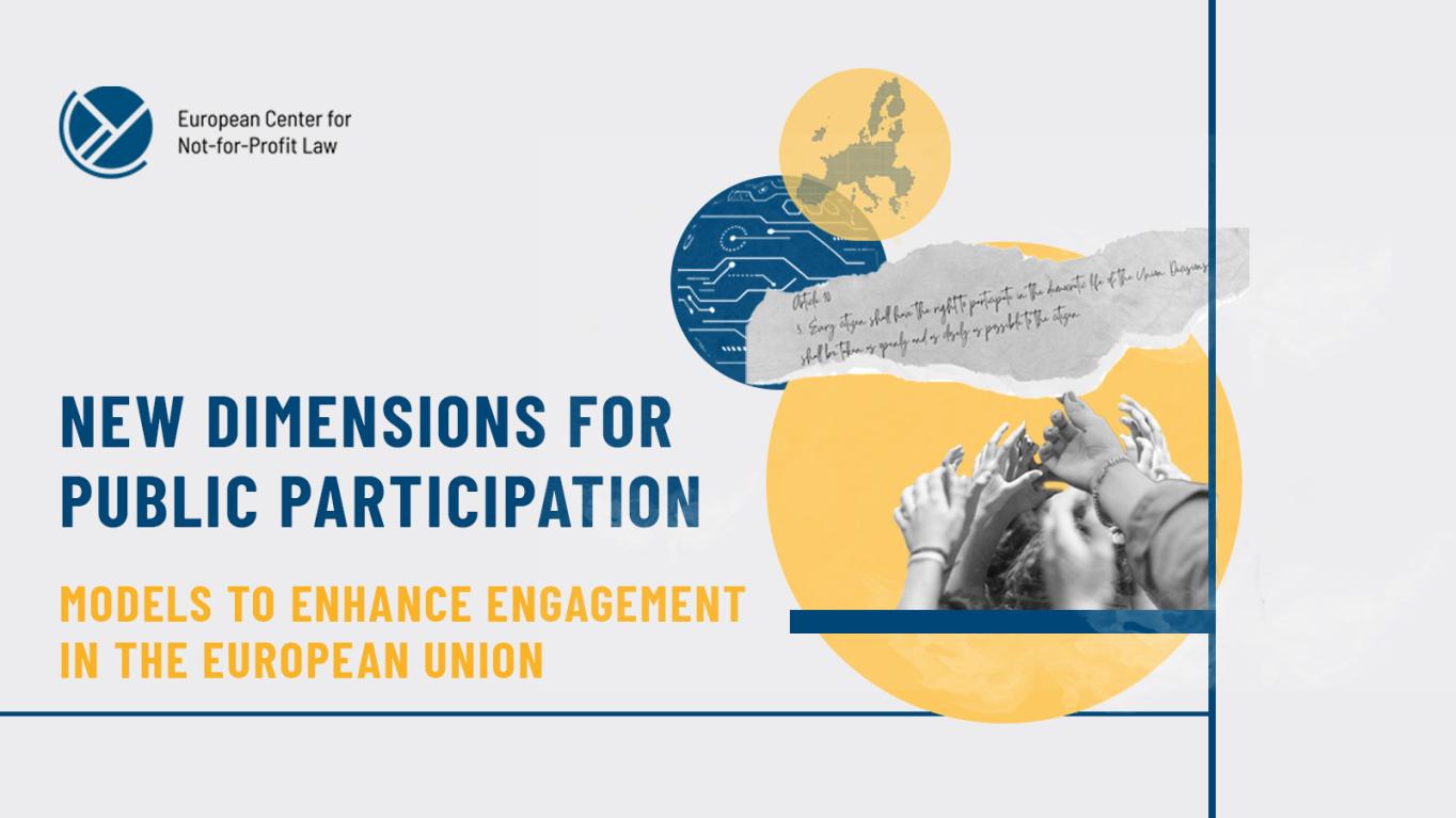 New Dimensions for Public Participation, Models to enhance engagement in the EU. On the right side of the banner: hands holding up a piece of black and white paper on which the following sentence is written: Every citizen shall have the right to participate in the democratic life of the Union. Decisions shall be taken as openly and as closely as possible to the citizen. 