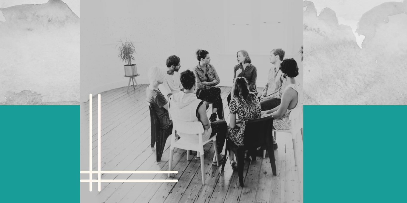 8 people sitting in a round table, black and white photo, in the background some turquoise rectangle and some watercolour black and white rectangle. 