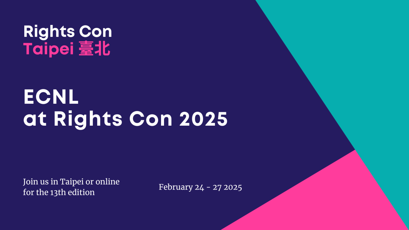 Rights con 2025 banner with two coloured triangles on the right side and on the left side information on where to find ECNL