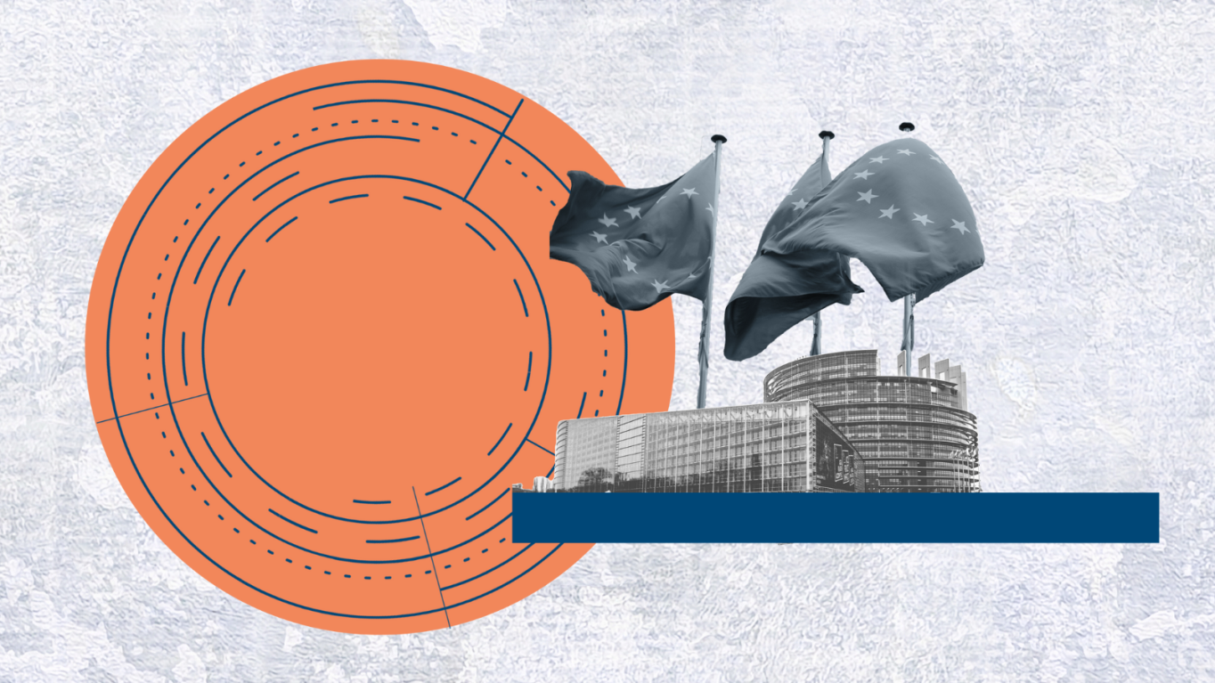 EU institutions and EU flag with red circle and concentric circles