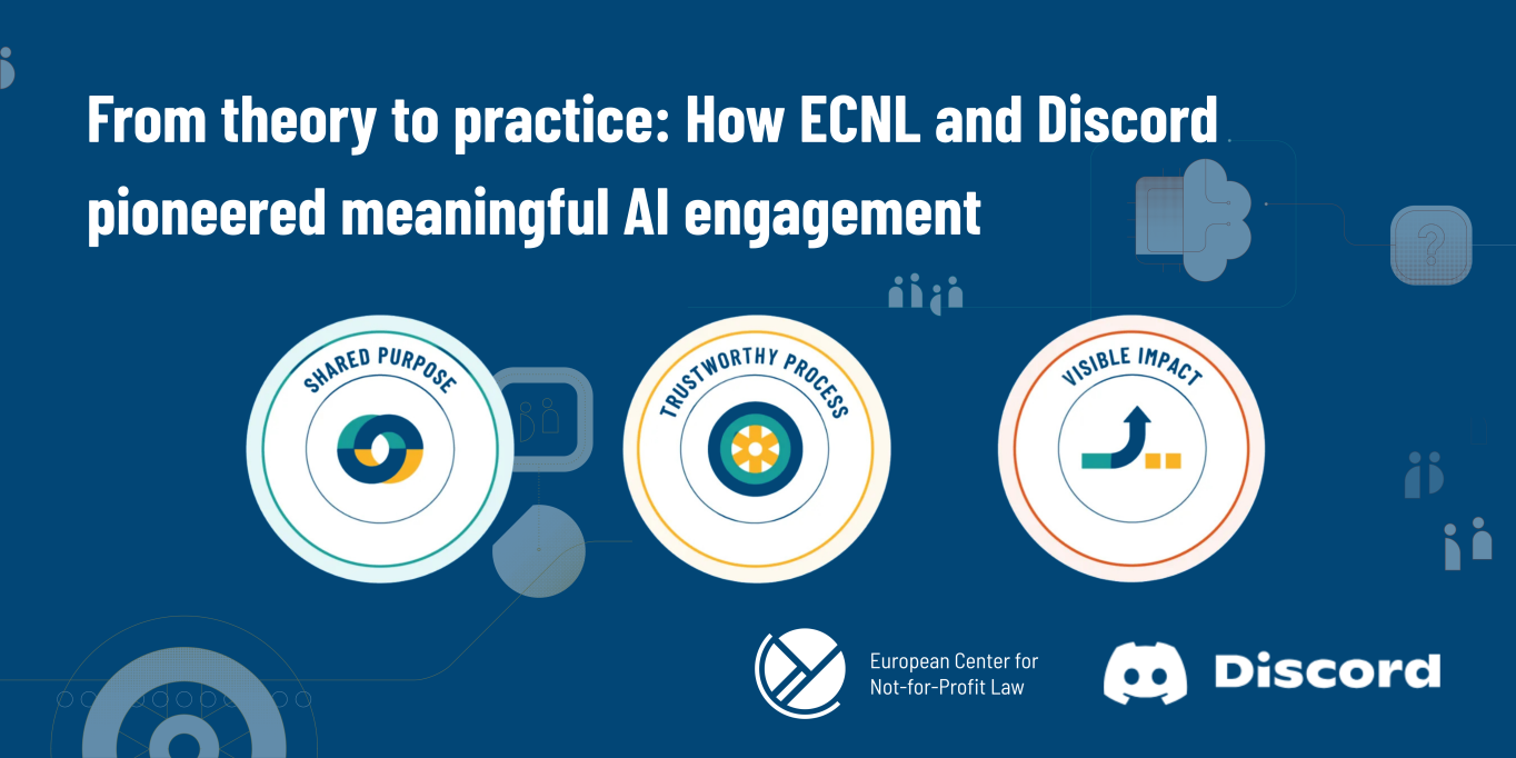 Banner with three circles in the middle, ECNL and Discord logo on the bottom right and title reading "From theory to practice: how ECNL and Discord pioneered meaningful AI engagement" starting on the top left corner.