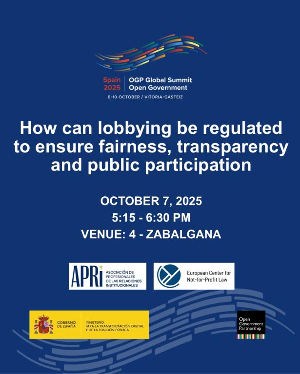 OGP Global Summit event promo, How can lobbying bee regulated to ensure fairness, transparacy and public participation, event time and date, ECNL and APRI logos