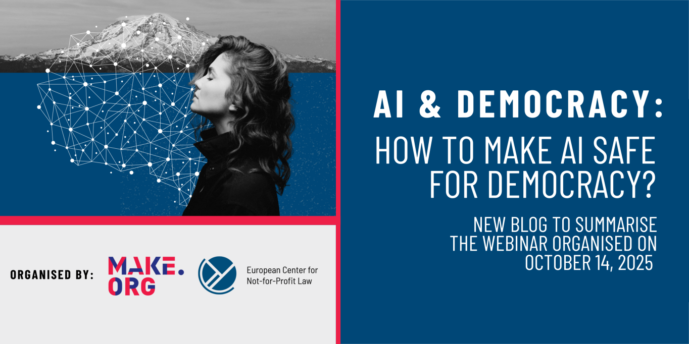 How to make AI safe for democracy? Blog on the webinar organised in October 14 2025. Banner: black and white portrait of a woman from the side and a mountain range behind, network lines and dots shaped like a brain. 