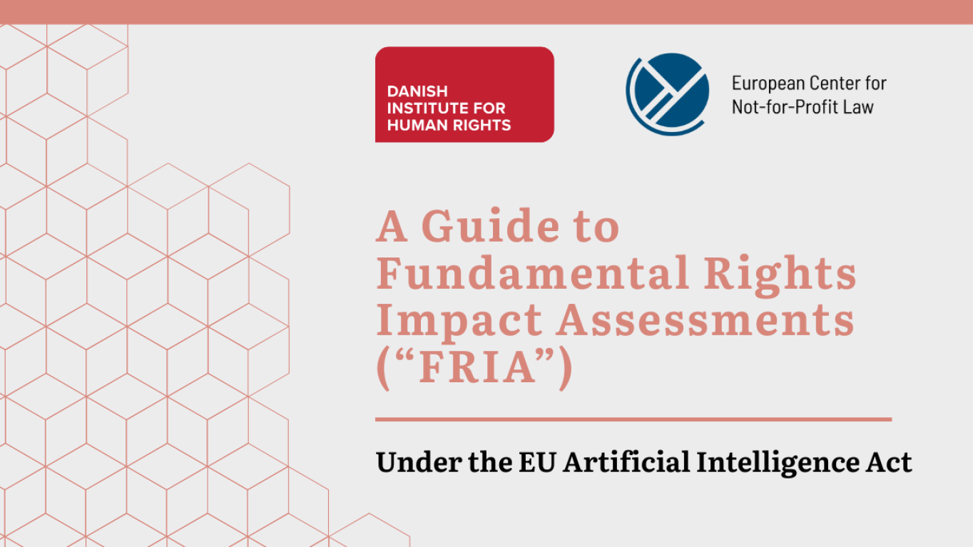 banner for a publication titled "A Guide to FRIA under the EU AI Act", DIHR, ECNL logo