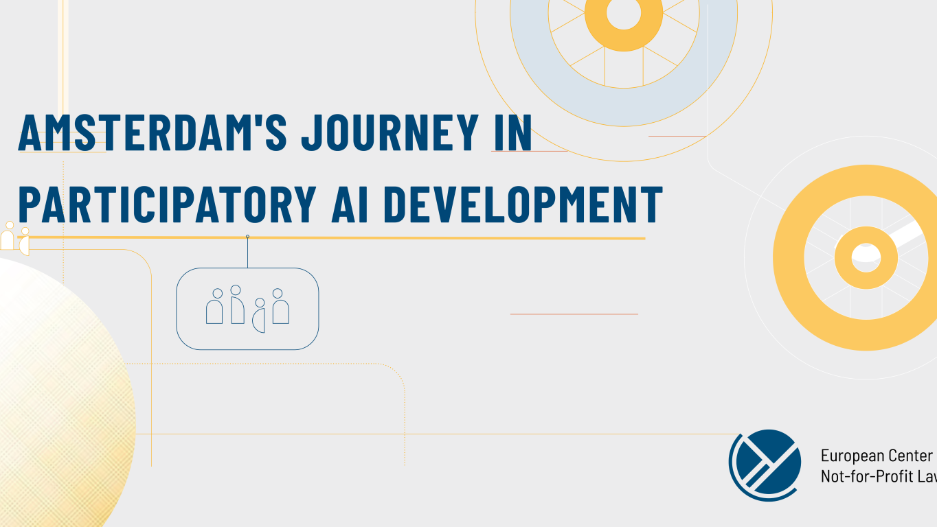 Amsterdam's journey in participatory AI development, circular yellow elements and also a white blue circle as well as an icon with a group of people