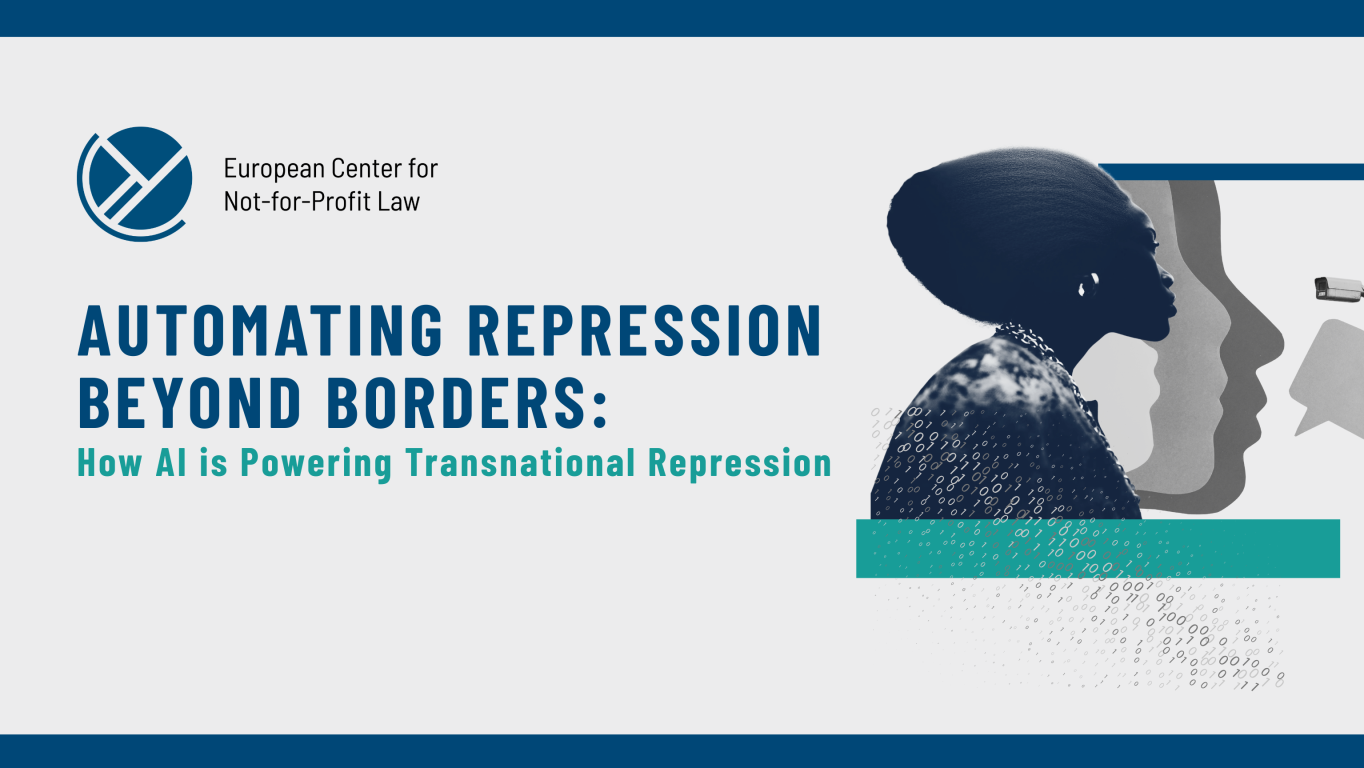Automating Repression Beyond Borders: How AI is Powering Transnational Repression. A woman from the side, behind her there are silhouettes of people (3), a speech bubble with security cameras on it. As well as 0s and 1s flowing downwards.