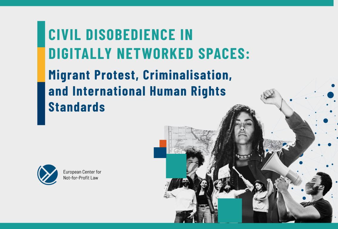 banner for paper titled "Civil Disobedience in Digitally Networked Spaces"". Young woman raising fist, protesters with plackards and a loudspeaker gaianst a backdrop of neural network and a map.
