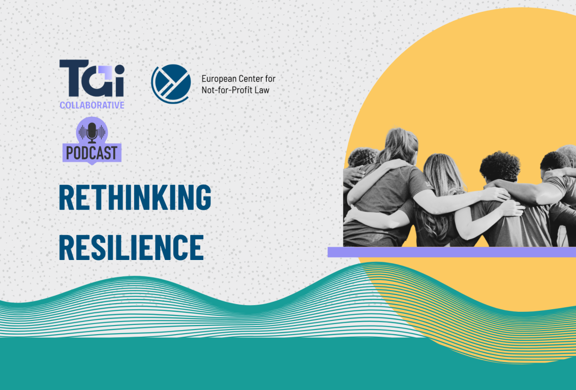 Rethinking reslience podcast, TAI, ECNL logo, people hugging each other and geometric forms.