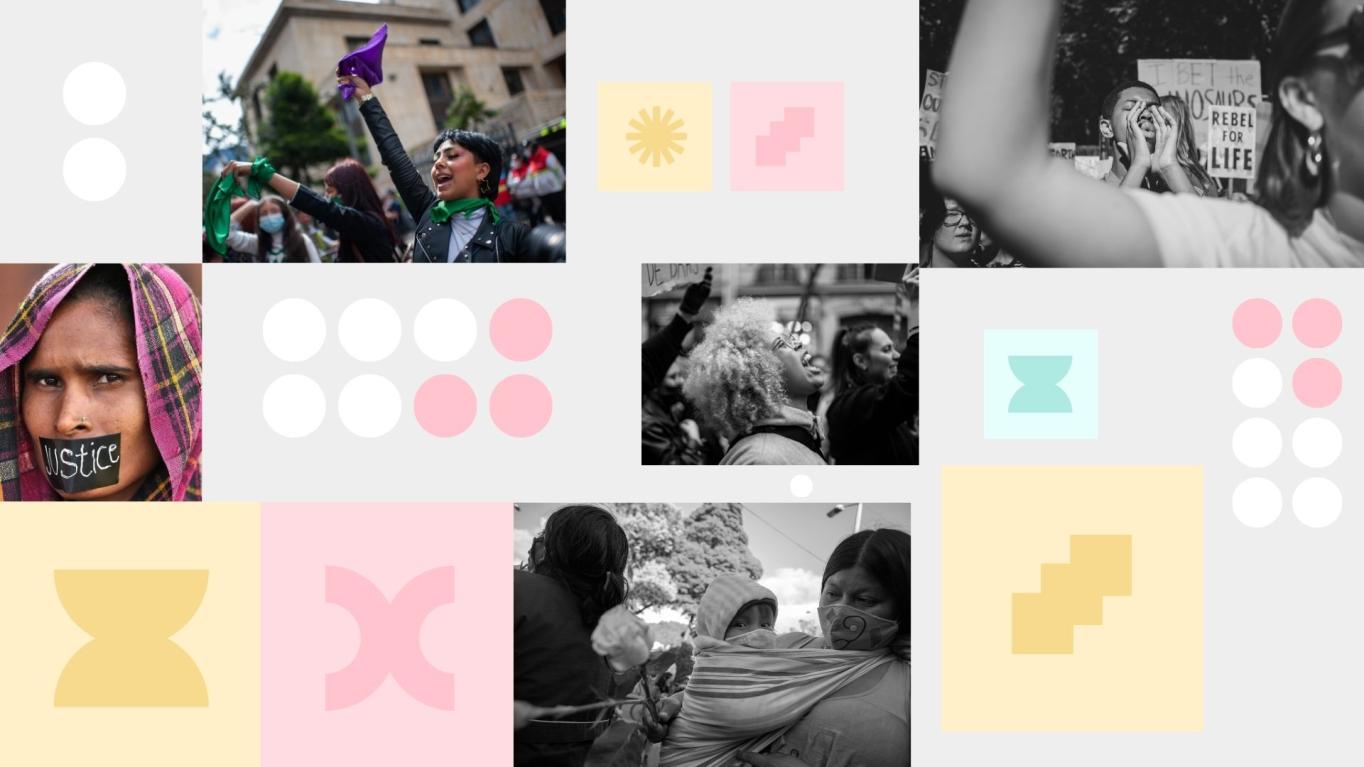 Geometric elements and photos  (5) of different people protesting, being silenced with paper (saying justice), indigenous people with children
