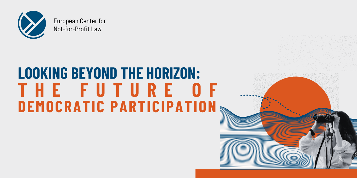 Looking beyond the horizon: the future of democratic participation. Design with a woman looking into binoculars and a graphic wave behind her. A sun in orange.