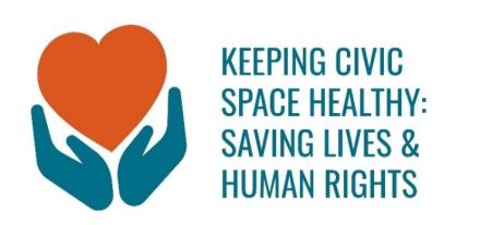 2 hands holding an orange heart with text next to it "keep civic space healthy"