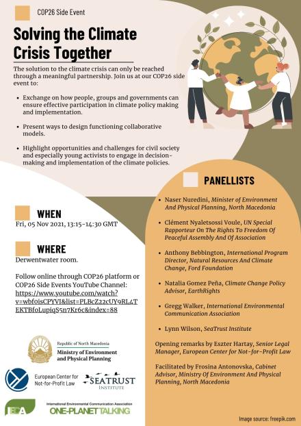COP26 flyer with event title: Solving the climate crisis together.  Text with summary of objectives, name of speakers and logistical info. Graphic of people embracing the globe and leaves. 