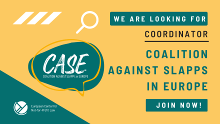 banner of job description: logo of CASE Coalition Against SLAPPS in Europe and ECNL. Text: we are looking for coordinator, join now. 
