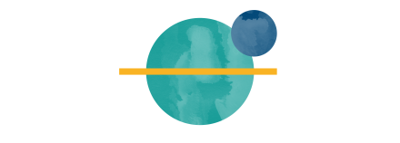 A large green circle, a small blue circle and a yellow line