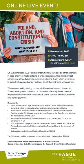 flyer with a woman holding a sign reading "Poland, abortion and constitutional crisis" with short summary of the event, names of speakers and logistical info