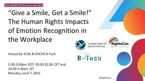 RightsCon 2021event banner with logos and title of event "Emotion Recognition in the Workplace" and colorful abstract forms and shapes on the side