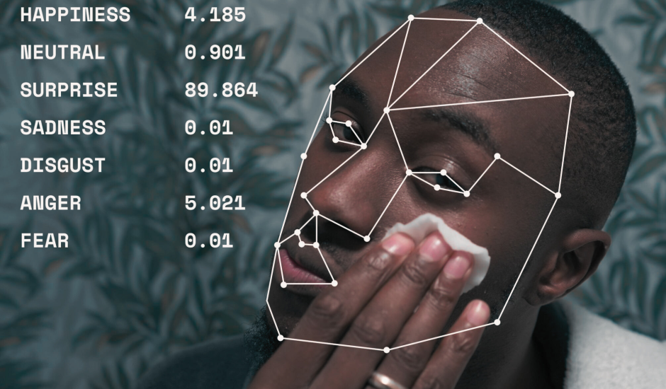 A man with some network wires on the face. He is cleaning is face with a cotton patch. On the left here are indicators (numbers) on: happiness, netural, surprise, sadness, disgust, anger, fear. 