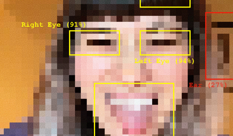 The face of a woman pixelated. Some squares that indicate facial recognition. Saying dark hair, right eye, emotion joy, mouth smiling, uncertain feature