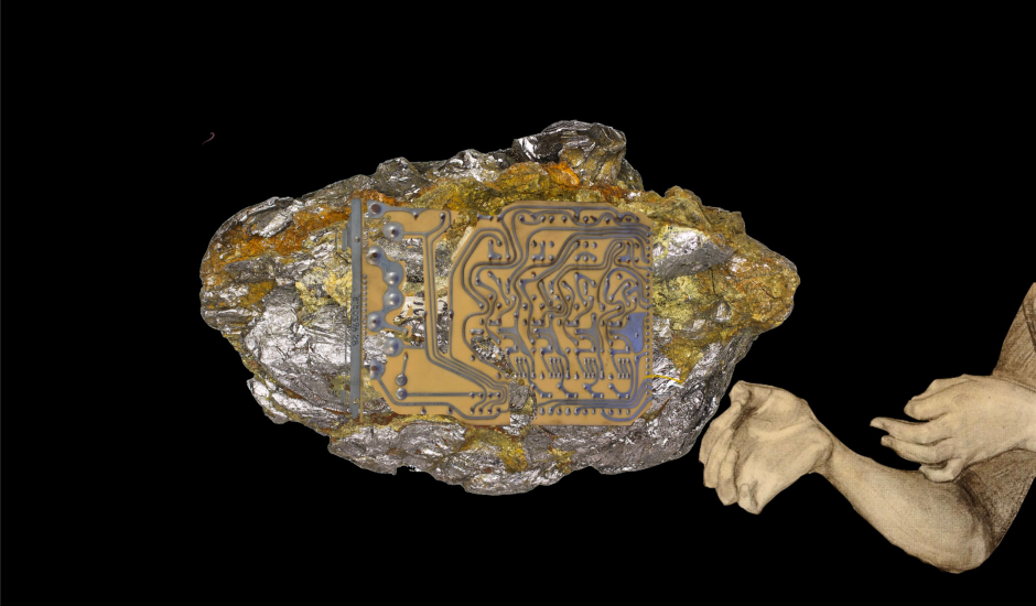A pair of hands reaching for a seemingly stone shaped object. It looks like a network of chip (tech)