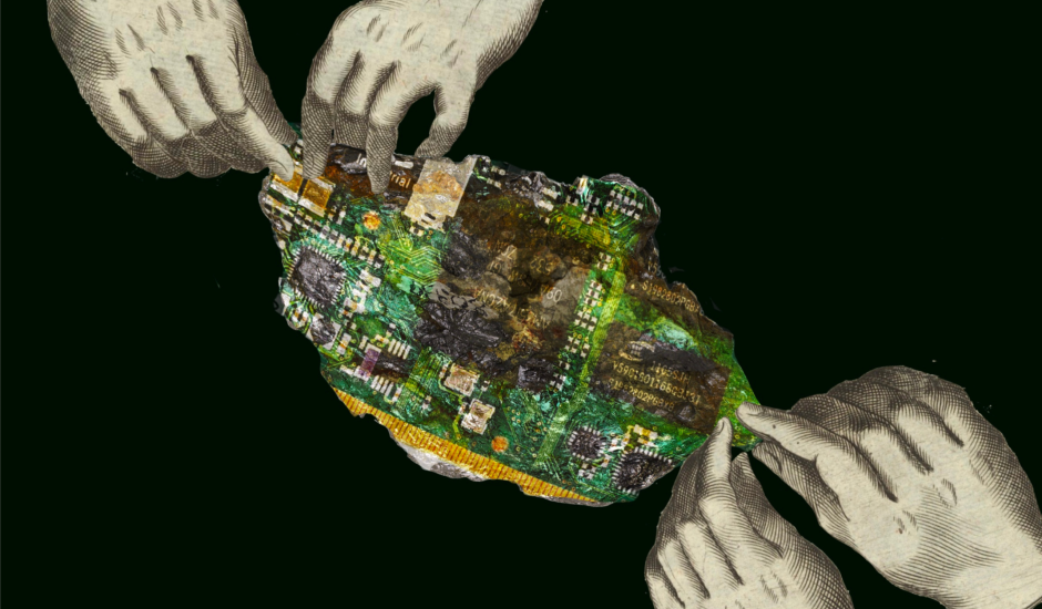 2 pairs of hands are holding a piece that looks like a chip/collection of chips (tech)