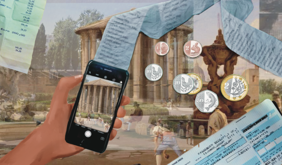 A digital collage about expenses. A hand holds a smartphone taking a photo of a historic circular temple, while long printed receipts, airline boarding passes, and Euro coins float across the image. The layered background includes ancient ruins, a fountain, and people walking through a public square.