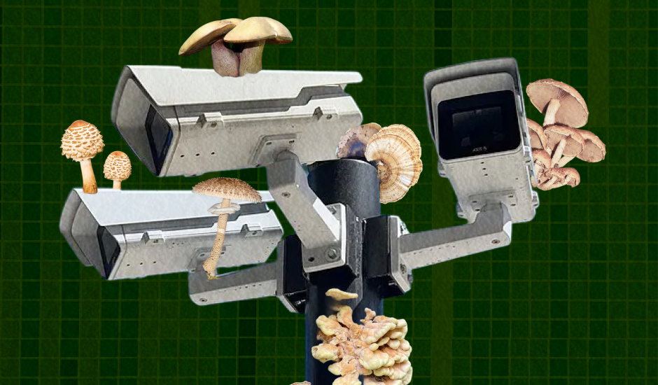 Security cameras (3) and many mushrooms growing on them