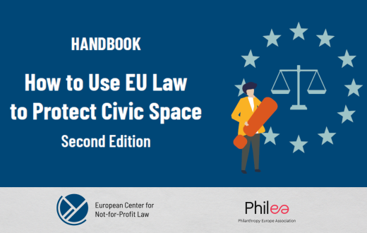 Handbook 'How to Use EU Law to Protect Civic Space' Second Edition, ECNL and Philea logo