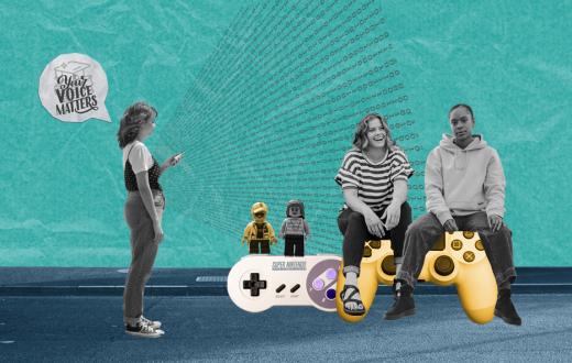 3 women, 2 sitting on game console, next to them another game console on which 2 lego figures are visible. On the left a woman using the phone with a speech bubble "Your voice matters"