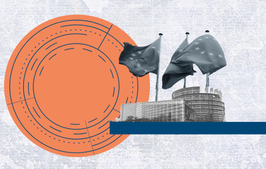 EU institutions and EU flag with red circle and concentric circles