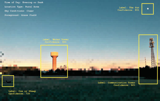 A green field in the foreground, in the back there is a water tower and electricity tower that are squared with a yellow frame. They are identified with AI as buildings. 