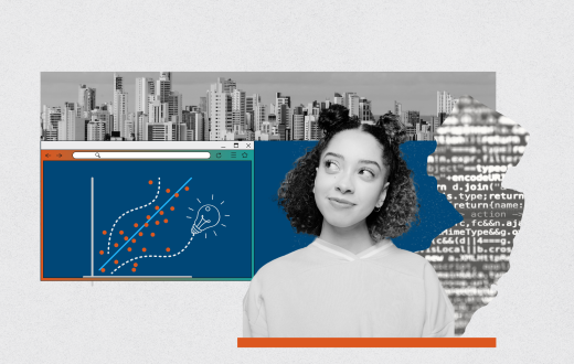 Black and white skyscrapers in the background, a graph with dots symbolizing that there are different inputs organized in participatory platforms by AI. A young woman looking at the graph and the skyscrapers. On the right some computer codes. 